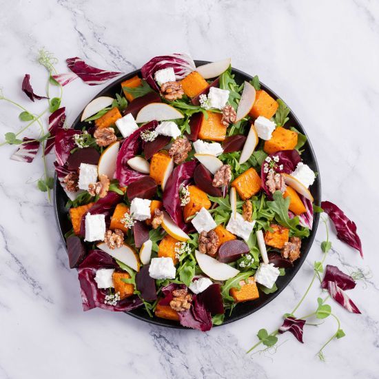 Honey roast pumpkin & baby beetroot salad with wild rocket, feta & candied walnuts (v)