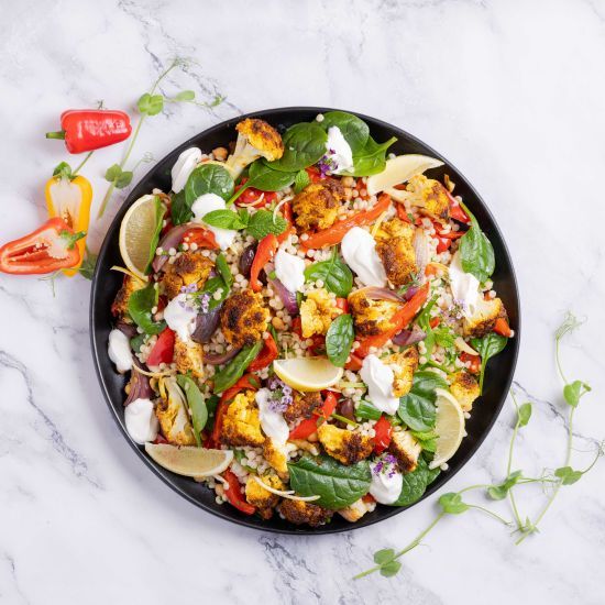 Harissa roasted cauliflower & cous cous salad with preserved lemon dressing (v) 