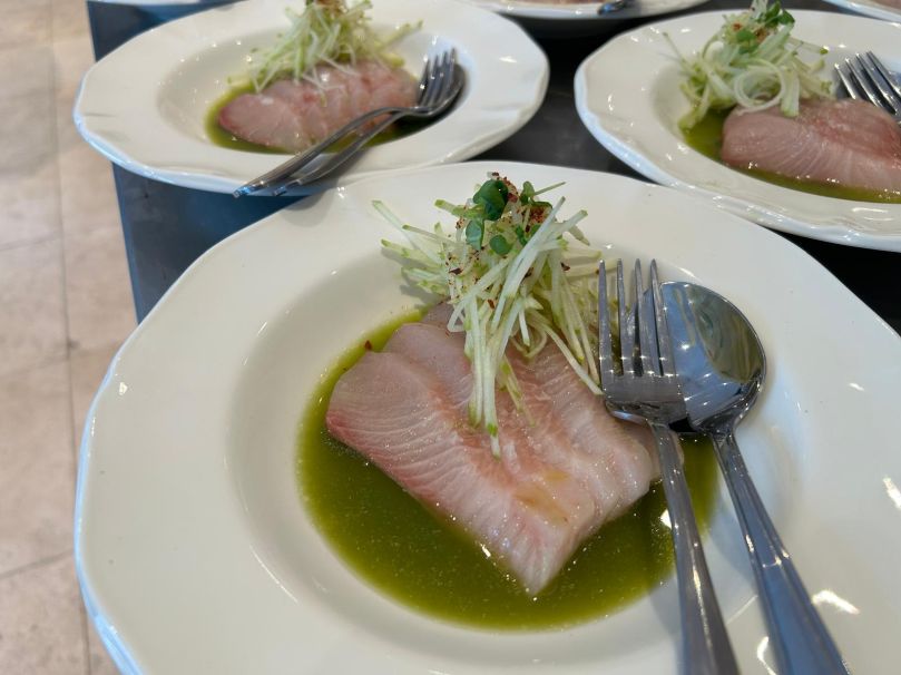 Starter - Kingfish Crudo, Green Apple Gaspacho.
