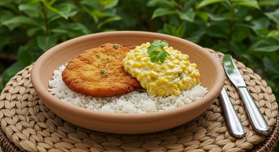 Baked Chicken Schnitzel with Creamy Corn Sauce