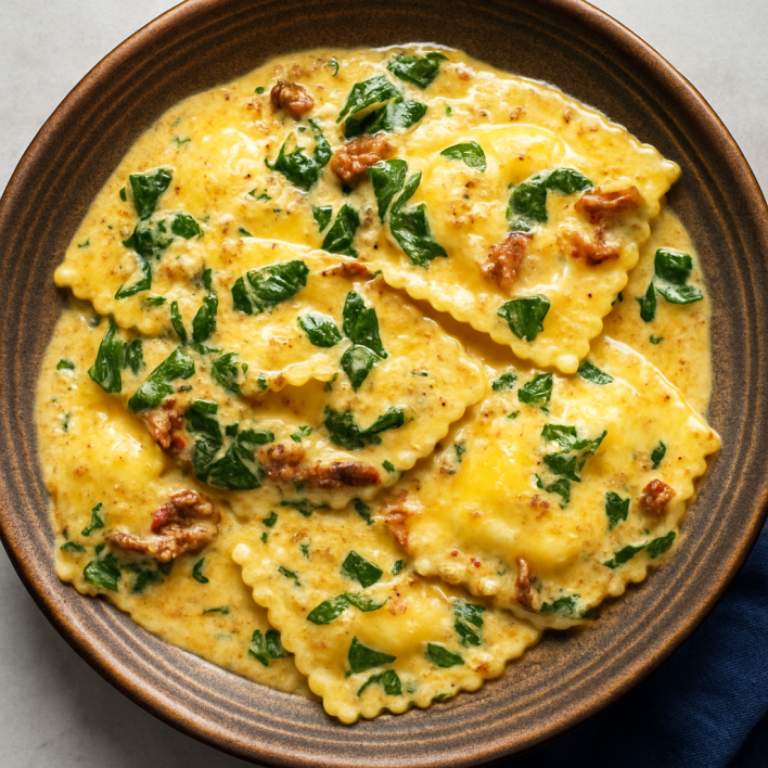 Spinach & Ricotta Ravioli in Creamy Pumpkin Sauce
