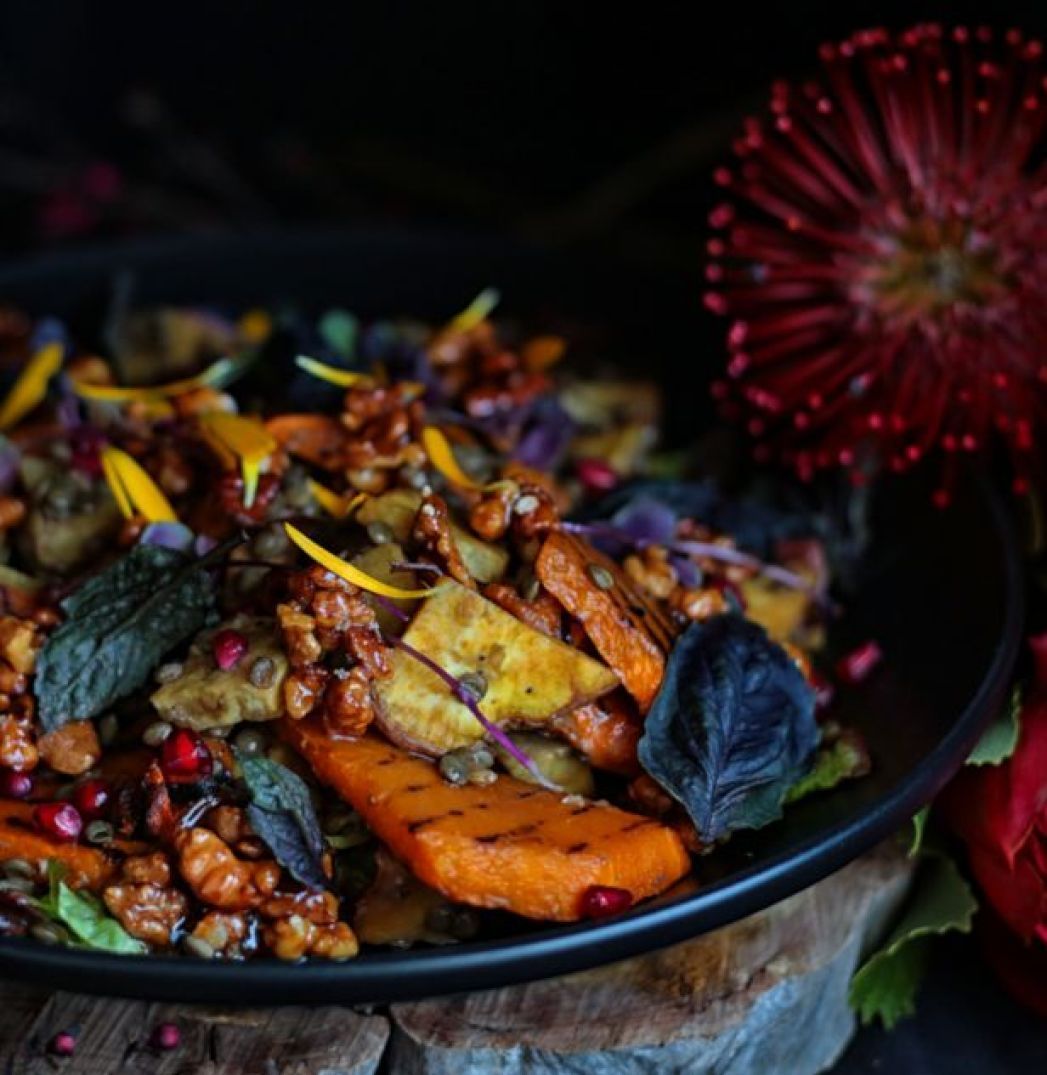 Roasted root vegetable salad with carmelized balsamic onion, baby