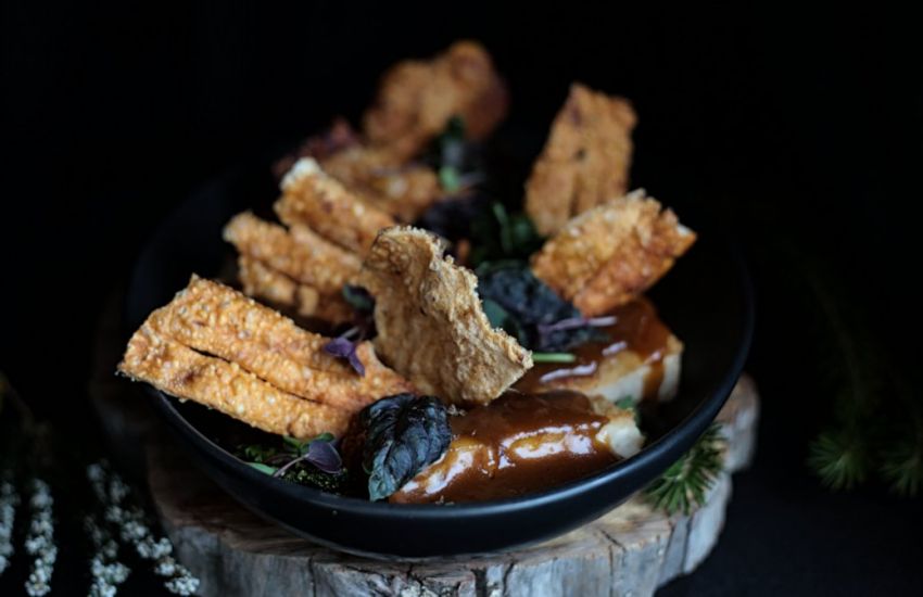 Sticky ginger and star anise glazed pork belly with crispy kumara