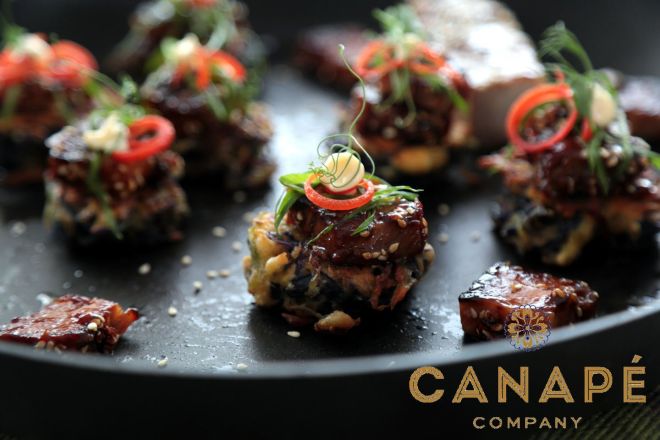 Okonomiyaki fritters with sticky pork, kewpie, pickled ginger and dried seaweed 