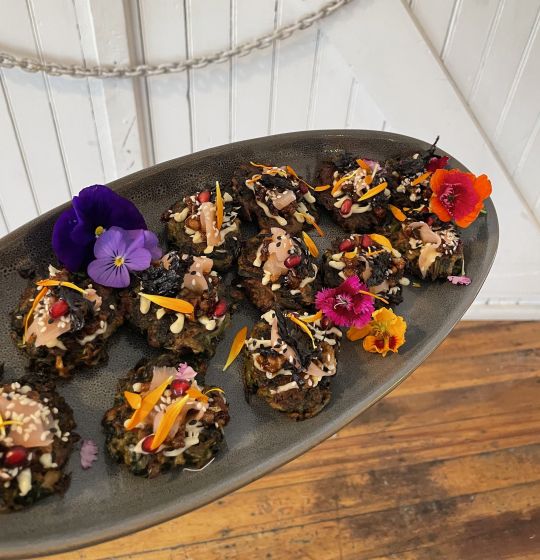Okonomiyaki fritters with sticky tofu, pickled ginger and dried seaweed
