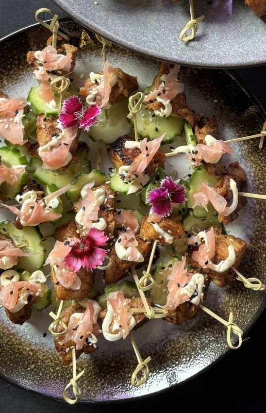 Orange miso and sesame grilled chicken skewers with kewpie