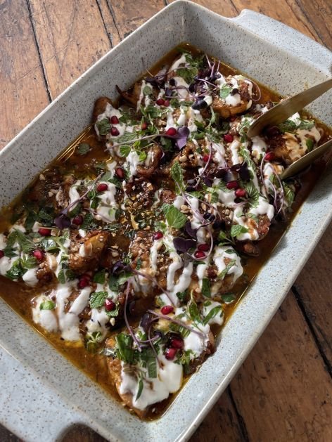 Turkish-spiced Chicken with Warm Tomato Dressing, Yoghurt and Pinenuts