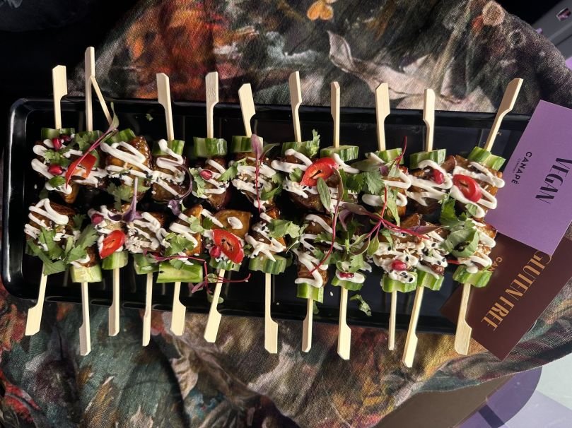 Sticky Tamarind Kumara skewers with cucumber
