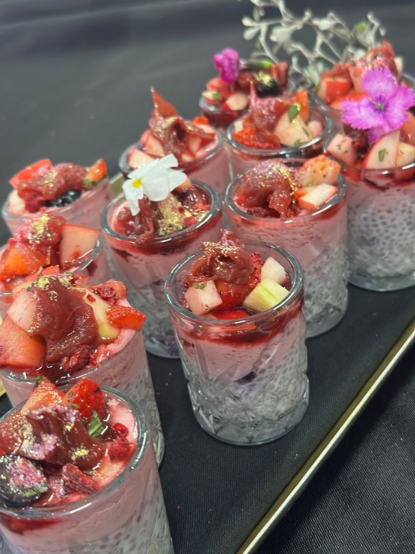 Chia parfait pots with berries & rhubarb