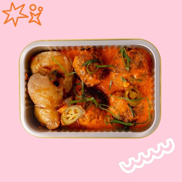 Slow Braised Lamb Kefta Balls, Cinnamon Infused Romesco & Smashed Potatoes 