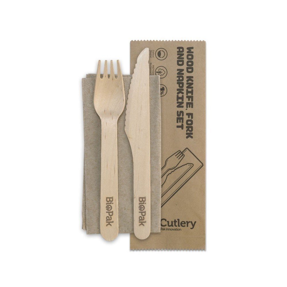 Disposable Wooden Knife/Fork/Napkin Sleeve 50 pieces 