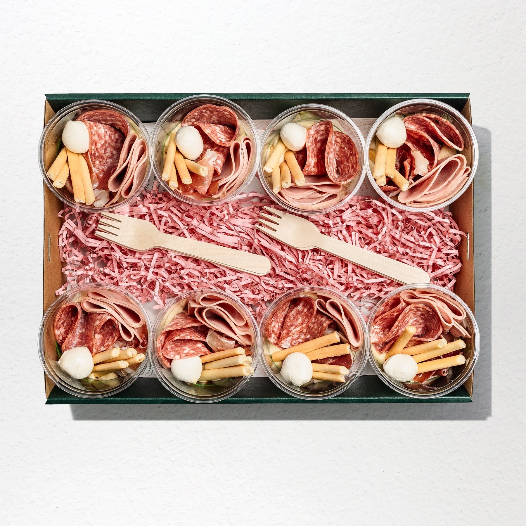 Salami, Mortadella, Bocconcini, Baba Ganoush Pots 