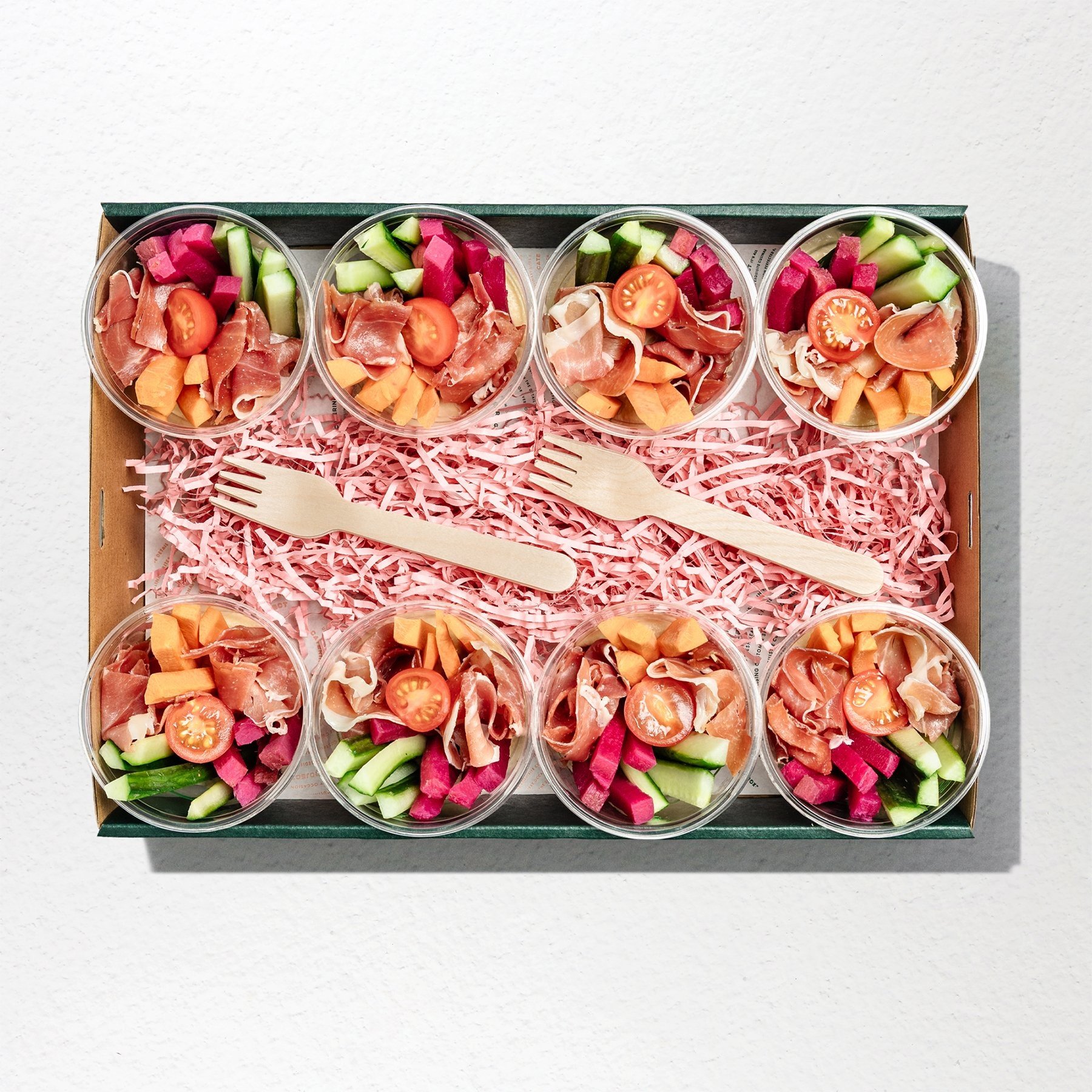 Hummus, Carrot, Cucumber, Tomato & Prosciutto Pots