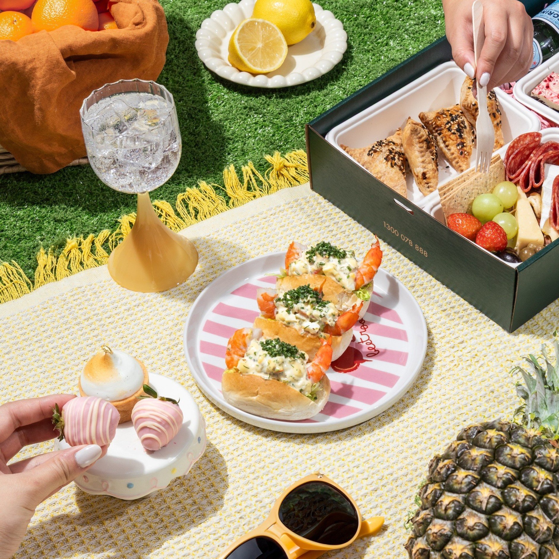 Catering Project gourmet picnic hamper with lobster rolls, pastries, grazing items, fruit and desserts