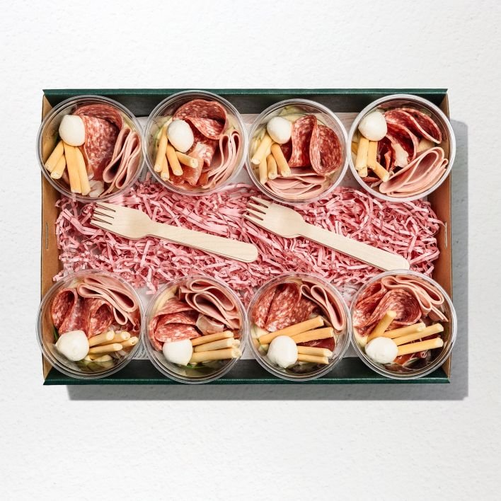 Salami, Mortadella, Bocconcini, Baba Ganoush Pots 