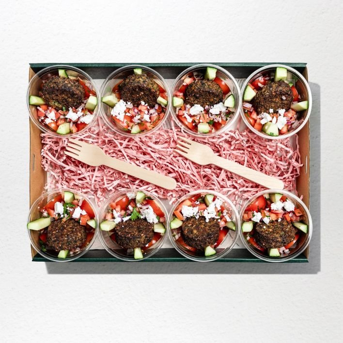 Hummus, Carrot, Cucumber, Tomato, Falphael, Feta & Tabouli Pots