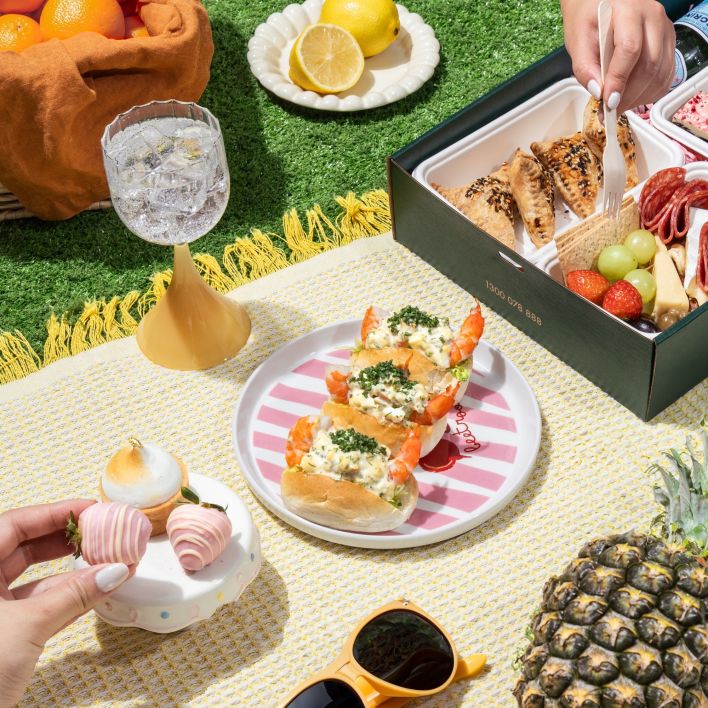 Catering Project gourmet picnic hamper with lobster rolls, pastries, grazing items, fruit and desserts