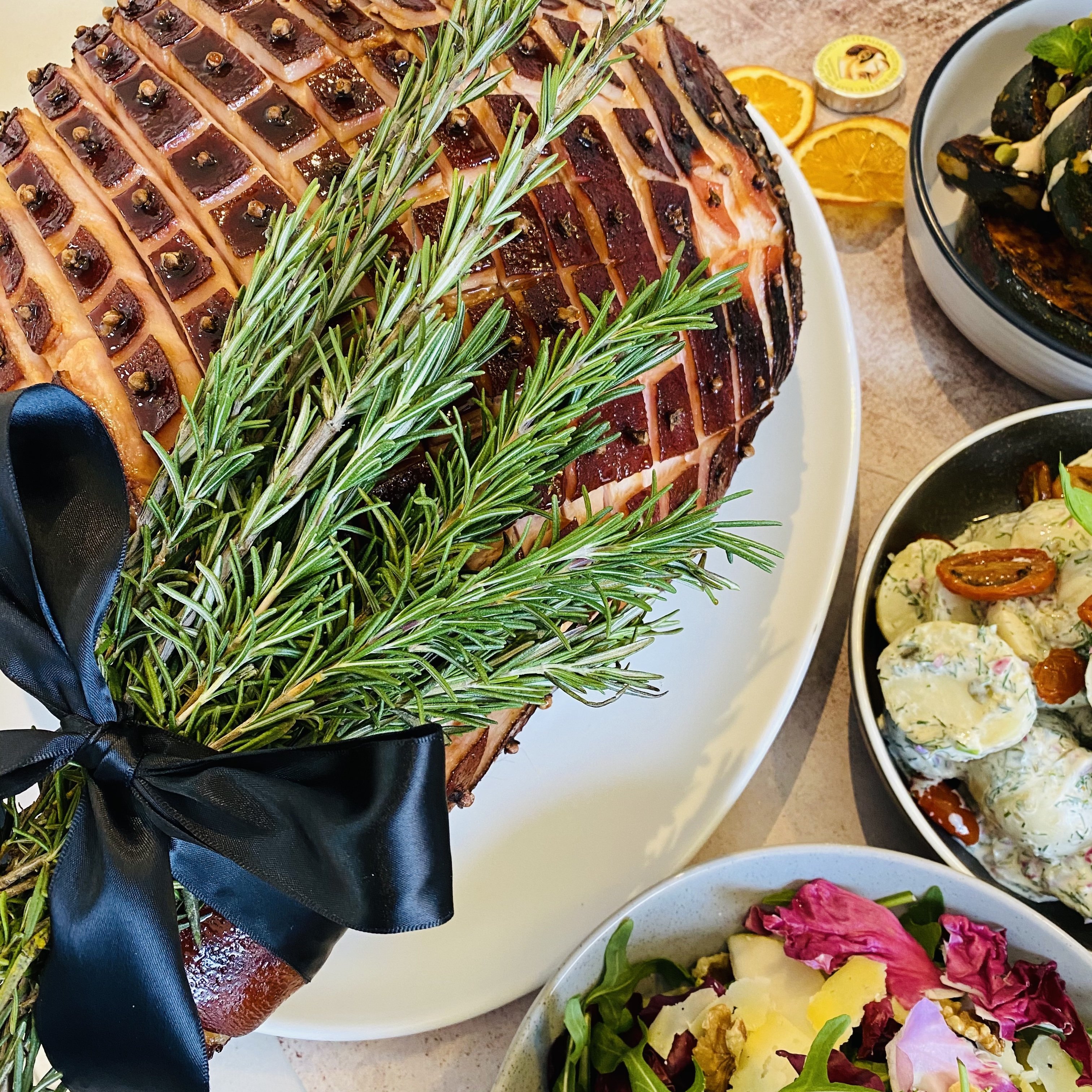 57kg Whole maple glazed ham with seeded mustard & miso soy dressing (GF)