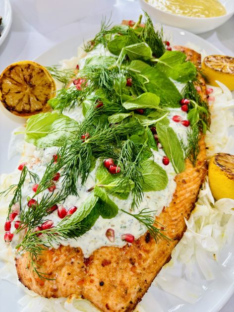 BUFFET - Christmas 2kg Spiced Side of Salmon, Herbed Yoghurt Dressing, Pomegranate + Fennel Salad (Serves 10-12)