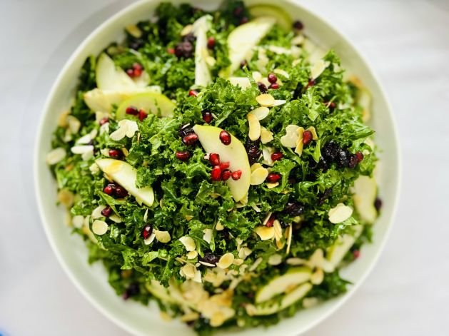 Christmas - Kale, Pomegranate & Pear Salad topped with Almond Flakes + Lemon Dressing