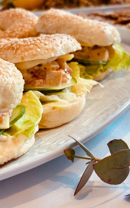 Native Lemon Myrtle Chicken Cocktail Bagel - grilled chicken, lemon myrtle aioli & crisp greens (Box of 24)