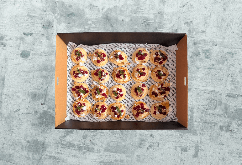 Canapé - Beetroot Blinis, Hummus, Feta, Dill + Candied Walnut (Box of 20) 