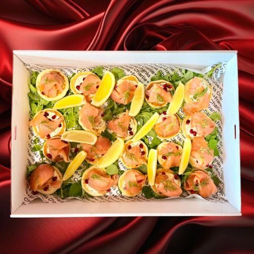 Christmas In July - Canapé - Smoked Salmon Blinis, Pomeganate, Creme Fraiche + Lemon Caper Dill (Box of 20)
