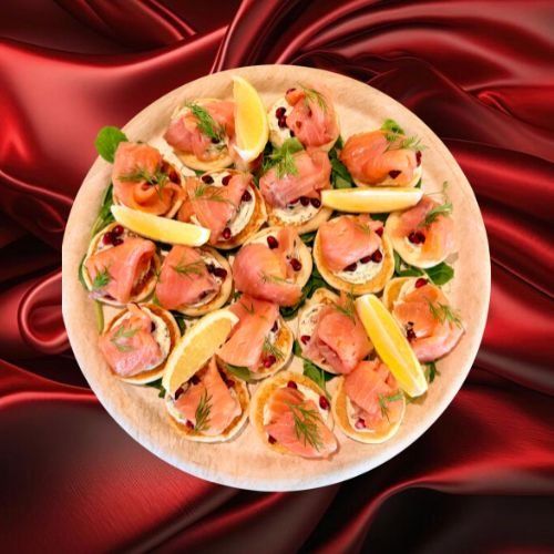 Christmas In July - Canapé - Smoked Salmon Blinis, Pomeganate, Creme Fraiche + Lemon Caper Dill (Box of 20)