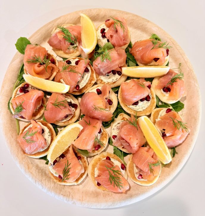 Christmas In July - Canapé - Smoked Salmon Blinis, Pomeganate, Creme Fraiche + Lemon Caper Dill (Box of 20)