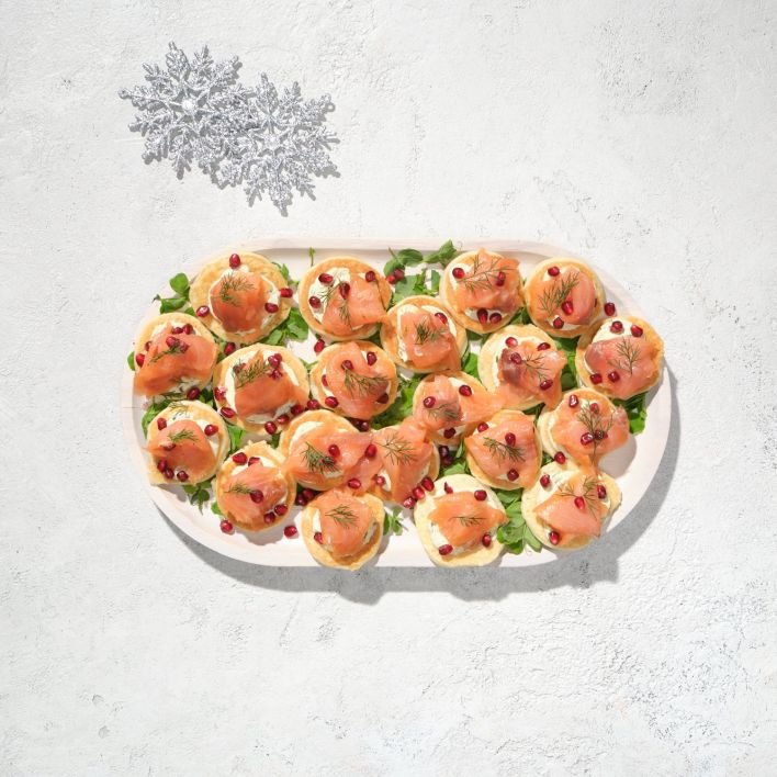 CHRISTMAS IN JULY - Canapé - Smoked Salmon Blinis, Pomegranate, Creme Fraiche + Lemon Caper Dill (Box of 20)