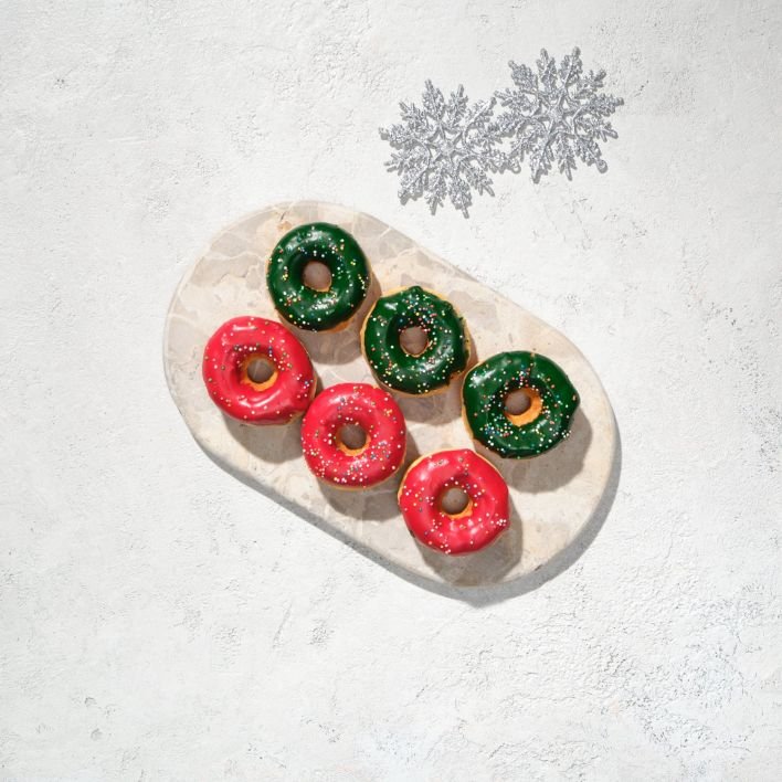 CHRISTMAS IN JULY - Iced Green + Red Sprinkle Donuts (Serves 6)