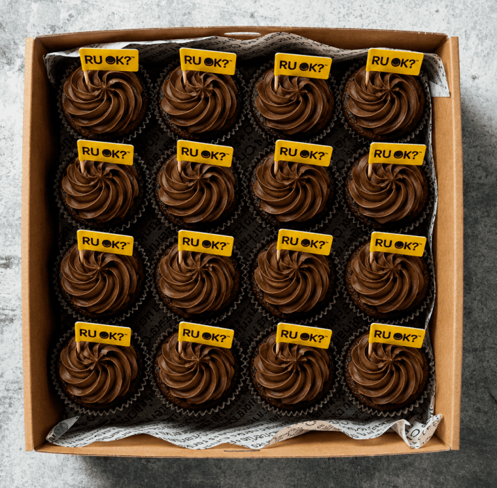 R U OK? Day - Double Chocolate Cupcake topped with Yellow Flag (Box of 16)