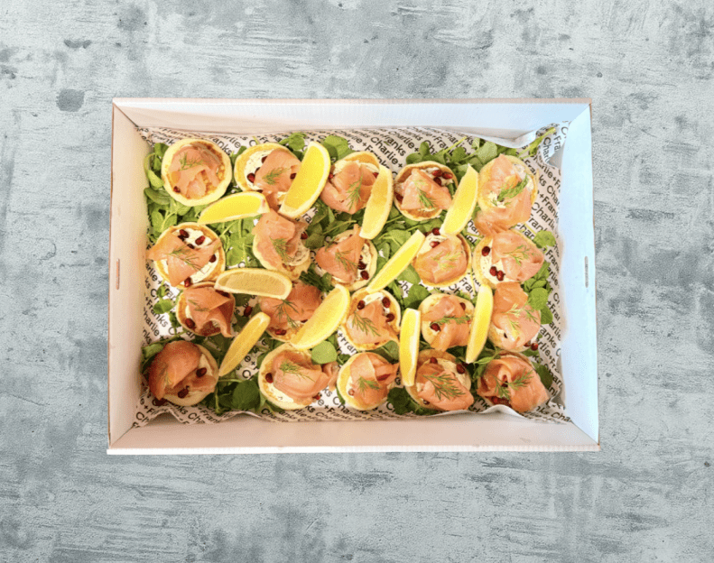CHRISTMAS - Canapé - Smoked Salmon Blinis, Pomegranate, Creme Fraiche + Lemon Caper Dill (Box of 20)
