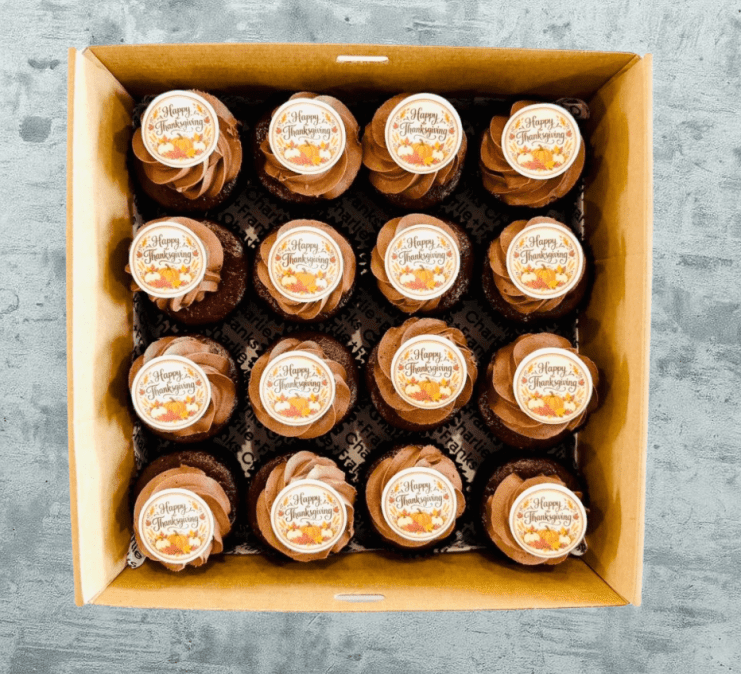 Thanksgiving - Double Chocolate Cupcake + "Happy Thanksgiving" toppers (Box of 16)