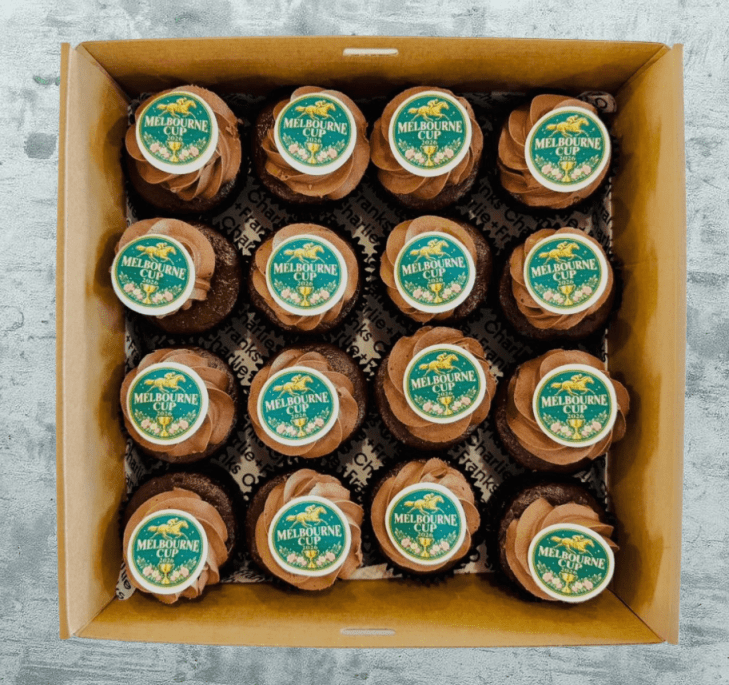 Melbourne Cup - Double Chocolate Cupcake + "Melbourne Cup 2026" toppers (Box of 16)
