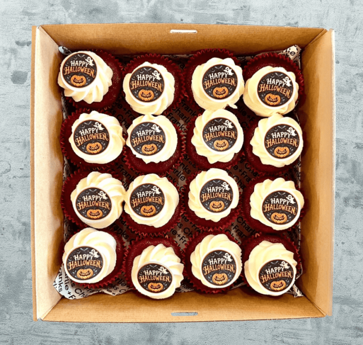Halloween - Red Velvet Cupcake + "Happy Halloween" toppers (Box of 16)