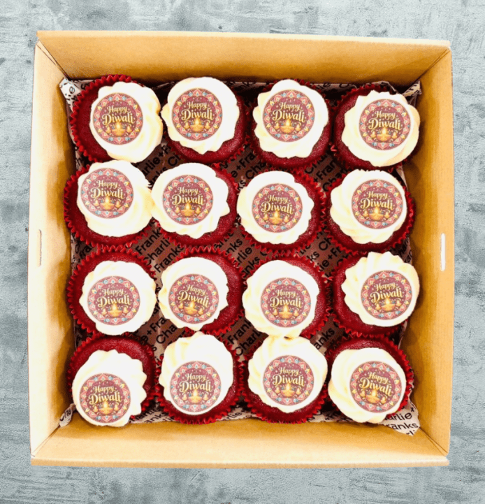 Diwali - Red Velvet Cupcake + "Happy Diwali" toppers (Box of 16)