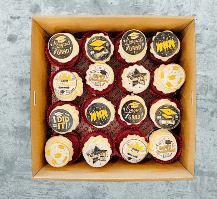 2026 Graduation Day - Red Velvet Cupcake + "Graduation" toppers (Box of 16)