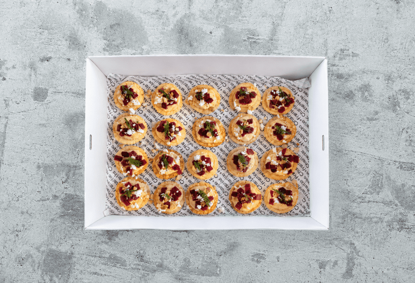 Canapé - Beetroot Blinis, Hummus, Feta, Dill + Candied Walnut (Box of 20) 