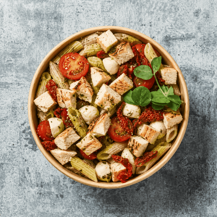 Salad - Pesto Pasta, Tomato, Bocconcini + Chicken (Nut Free) (Certified Halal Meat)