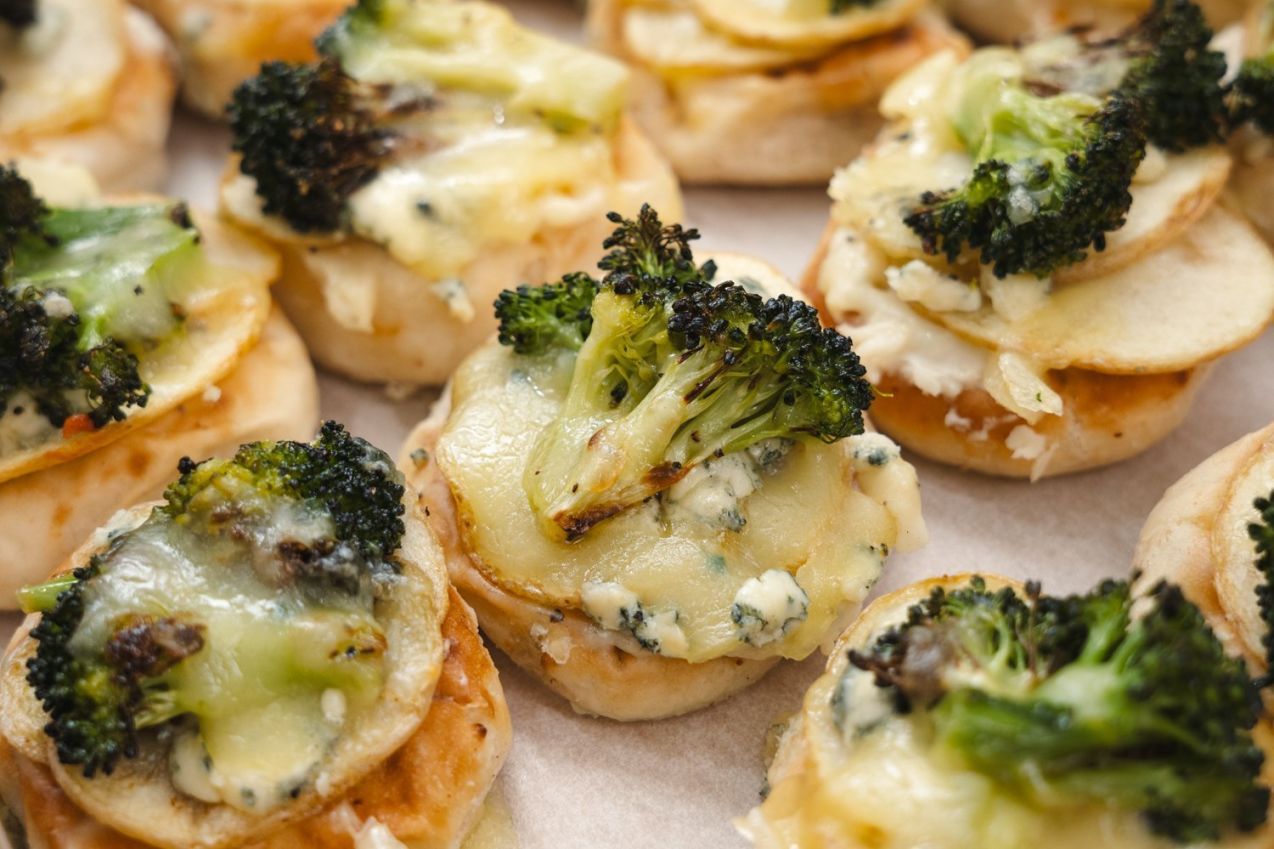 Pizza Bites, Charred Broccoli, Potato Gorgonzola, White Sauce, Mozzarella