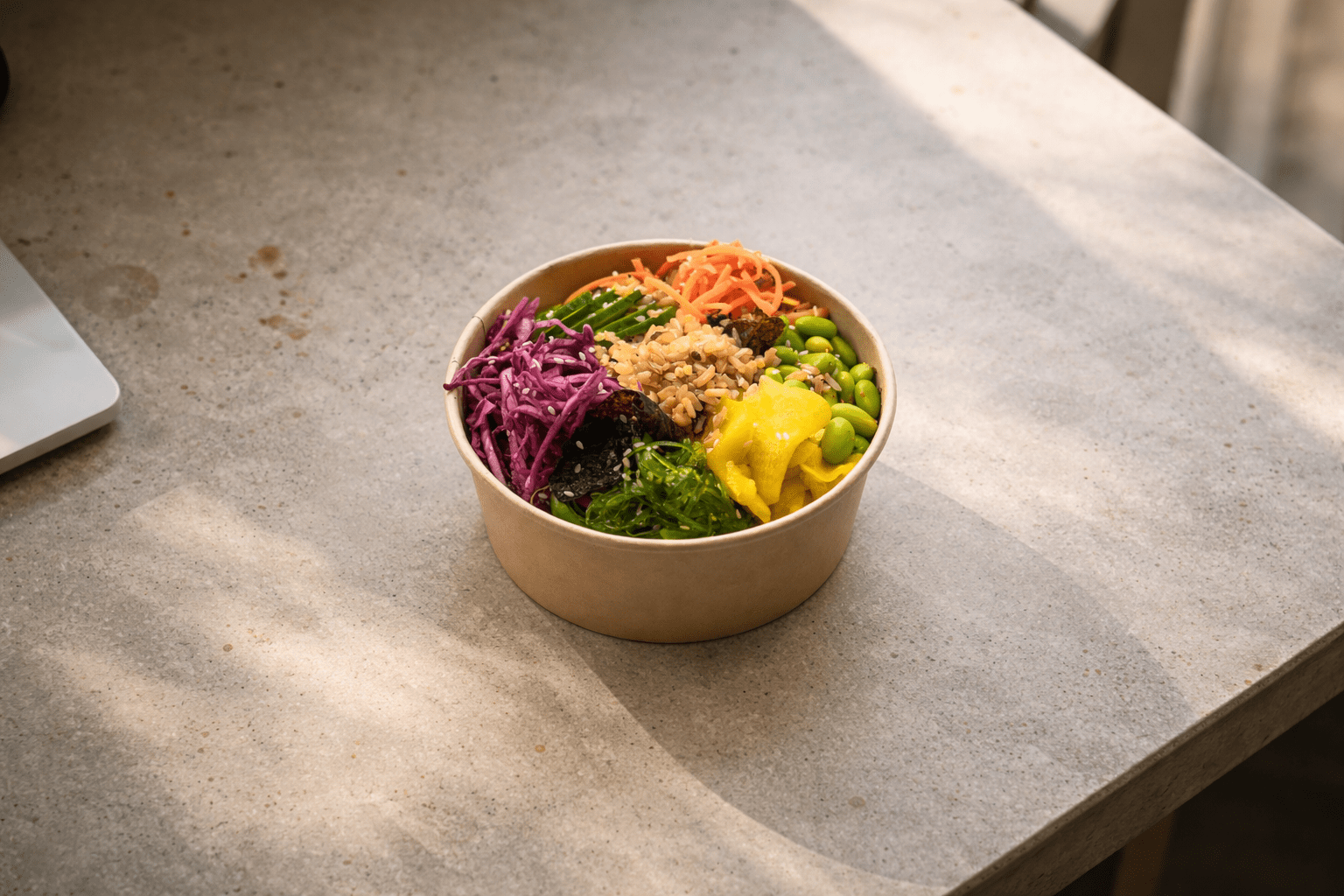 Poke Bowl, Soy and Nori Brown Rice, Pickled Carrot, Wakame, Edamame, Pickled Red Cabbage, Cucumber, Radish, and Pickled Ginger