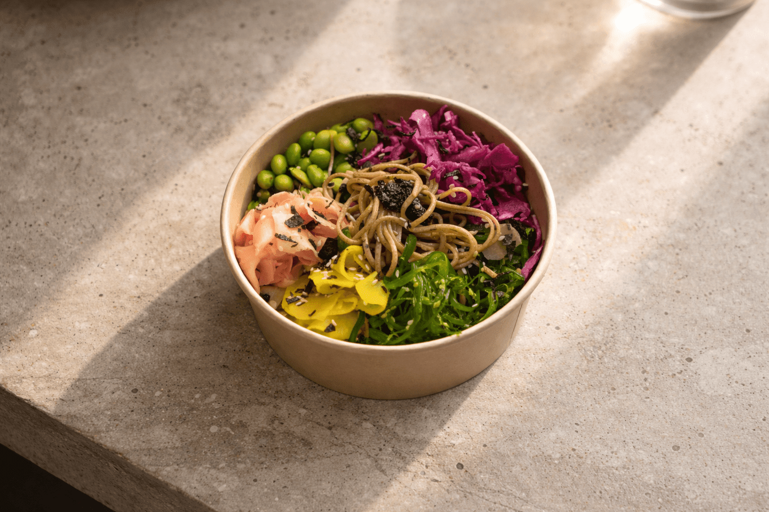 Japanese Soba Noodle Bowl, Yuzu, Mirin and Soy Dressing, Wakame, Edamame, Pickled Red Cabbage, Pink Ginger, and Furikake