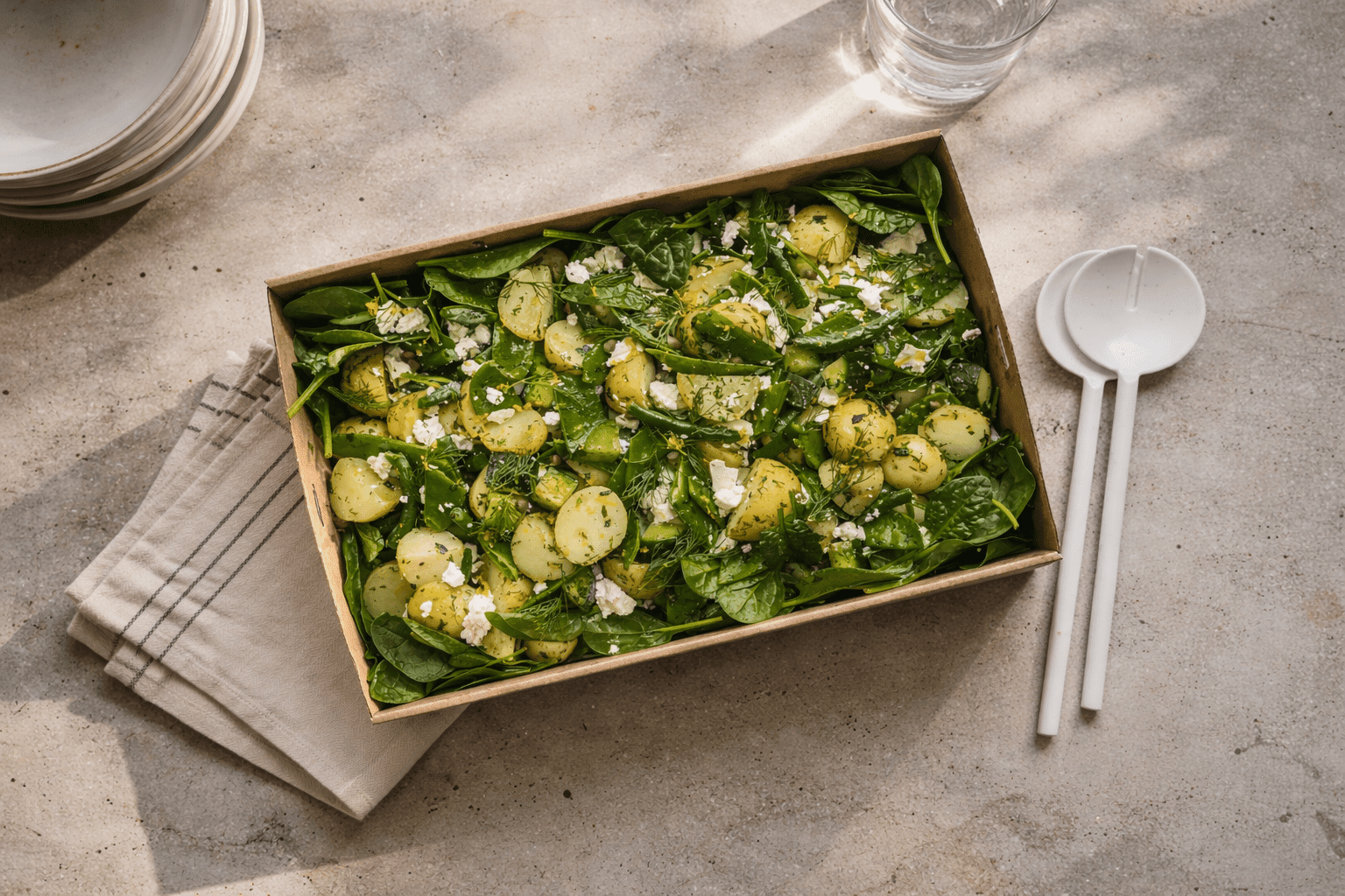 Chat Potatoes & Greens Salad, Snow Peas, Green Beans, Cucumber, Baby Capers, Dill, Feta Cheese, Hot English Mustard And Lemon Vinaigrette