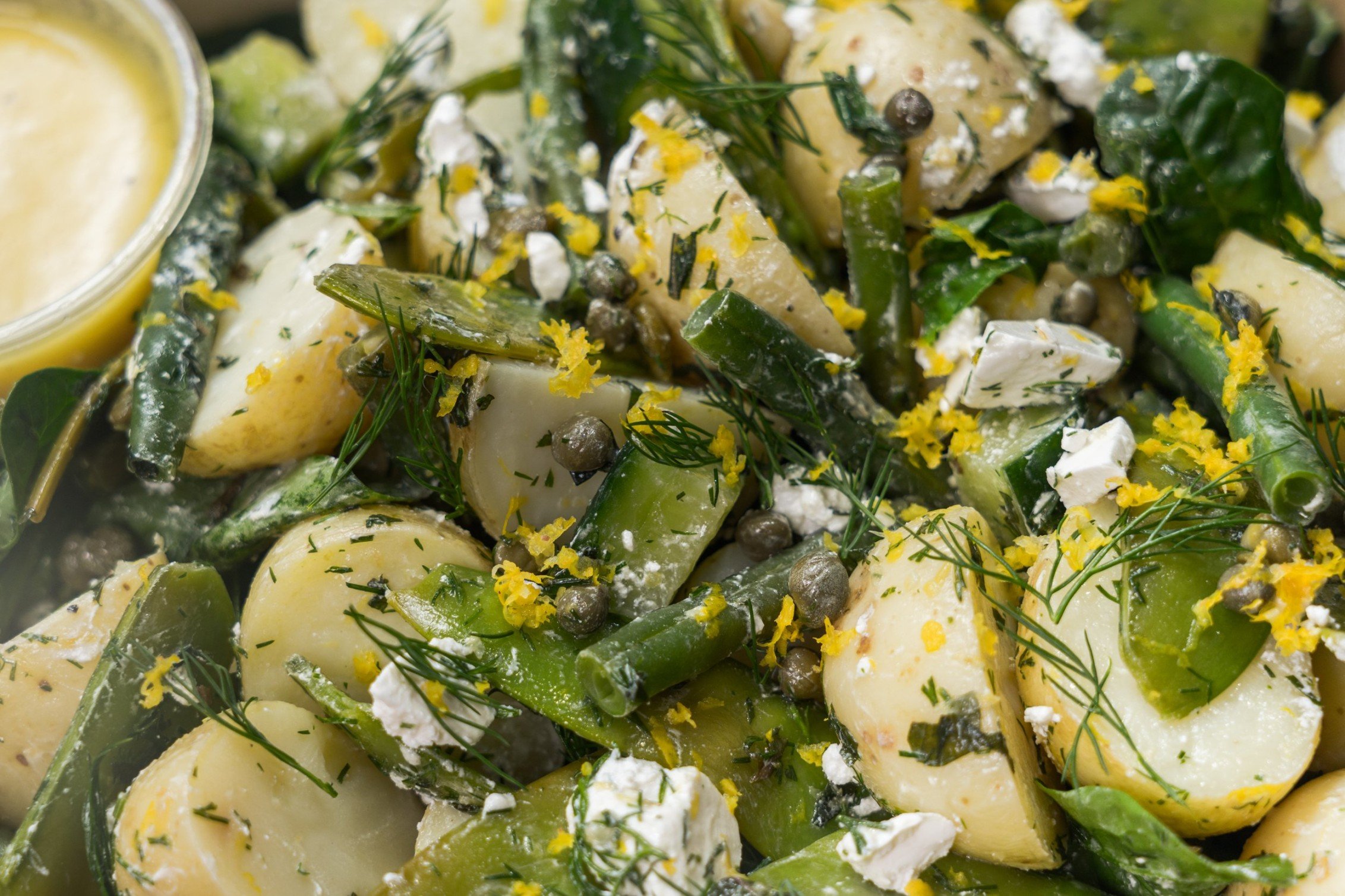 Chat Potatoes & Greens Salad, Snow Peas, Green Beans, Cucumber, Baby Capers, Dill, Feta Cheese, Hot English Mustard And Lemon Vinaigrette