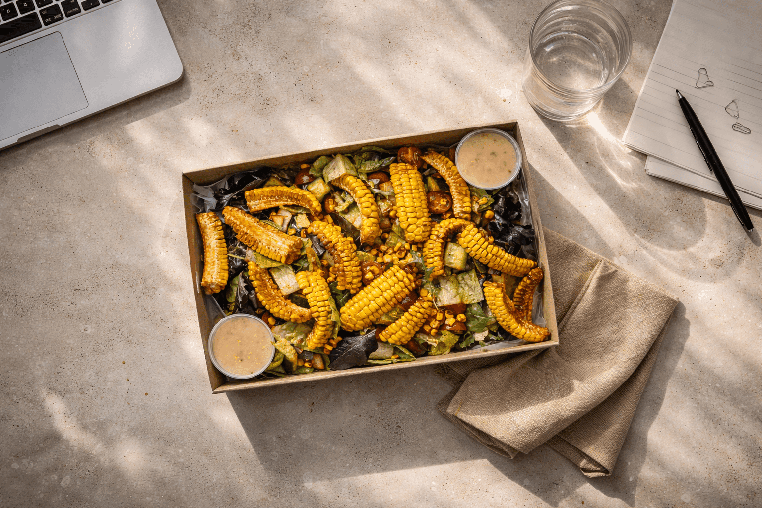 Cali Corn Salad, Corn Ribs With Mixed Salad Leaves, Cherry Tomatoes, Cucumber, Red Onion, Corn Kernels And Coriander With Seeded Mustard, Maple, Apple Cider Vinegar
