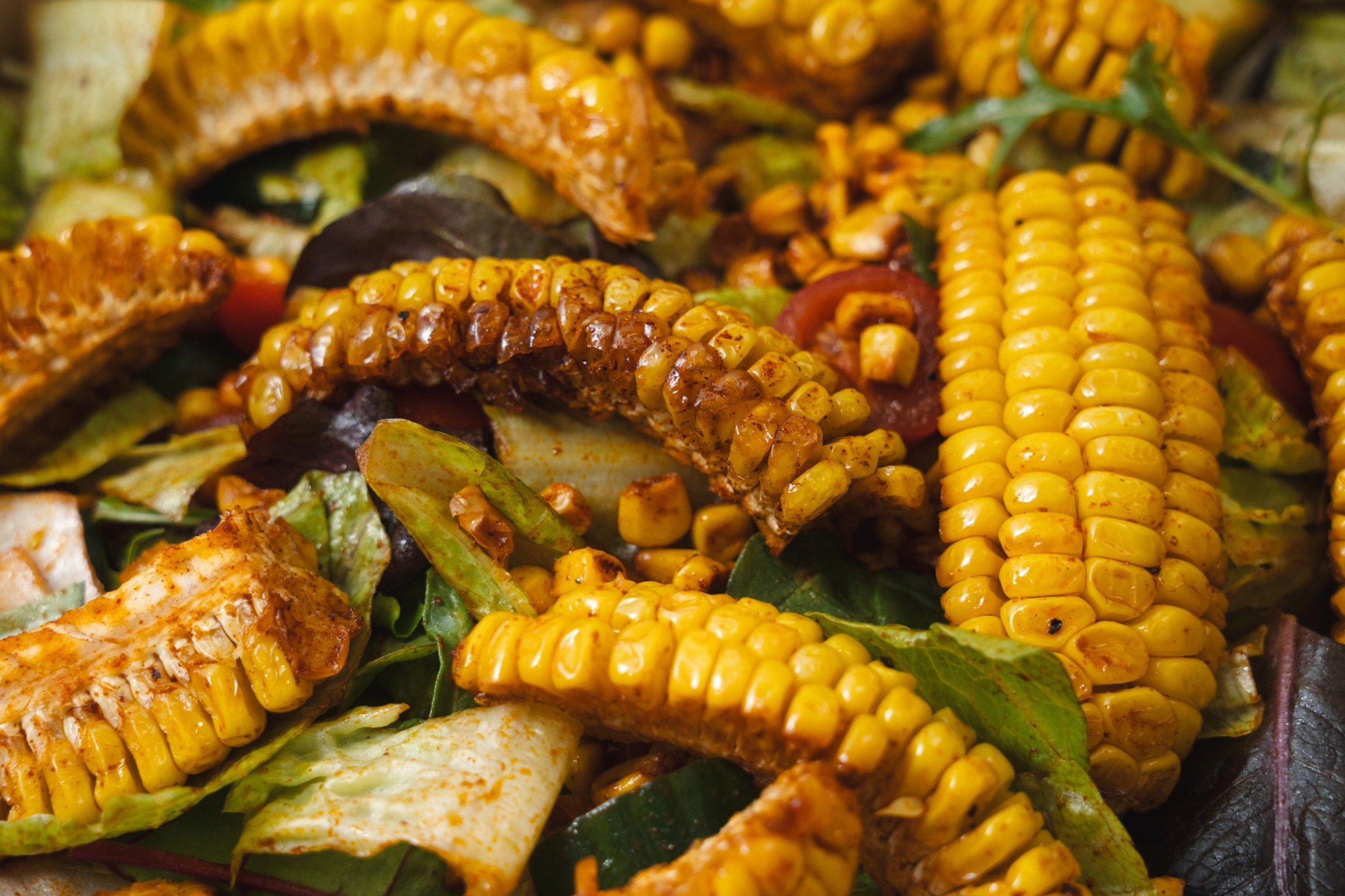 Cali Corn Salad, Corn Ribs With Mixed Salad Leaves, Cherry Tomatoes, Cucumber, Red Onion, Corn Kernels And Coriander With Seeded Mustard, Maple, Apple Cider Vinegar