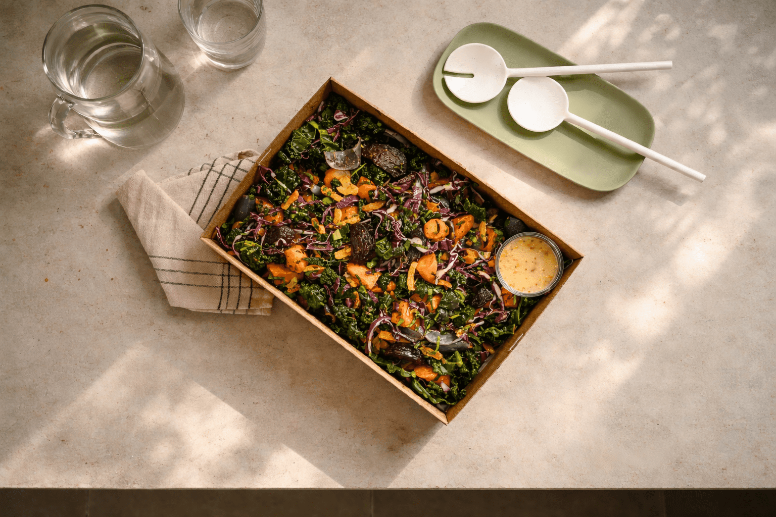 Roasted Beetroot & Maple Carrots Salad, Roasted Onion, Purple Cabbage, Apricot, Kale, Parsley And Mint, Toasted Almonds, Served With A Orange, Maple, Mustard & Apple Cider Vinegar Dressing