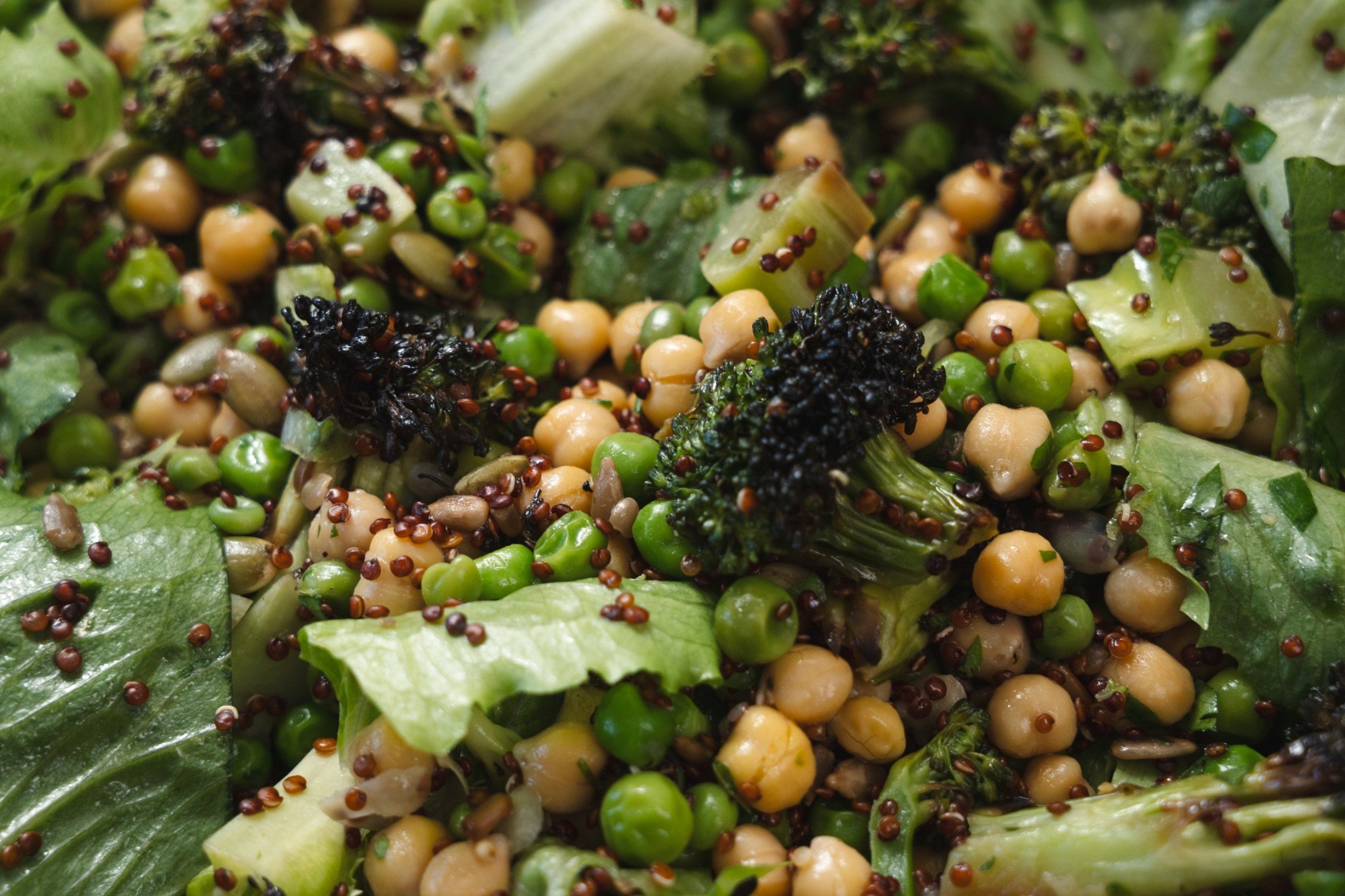 Healthy Greens Salad, Tri-Colour Quinoa With Chickpeas, Broccoli, Green Peas, Cos, Gluten-Free Soy Toasted Seeds, Parsley, Mint With Seeded Mustard & Sherry Vinegar