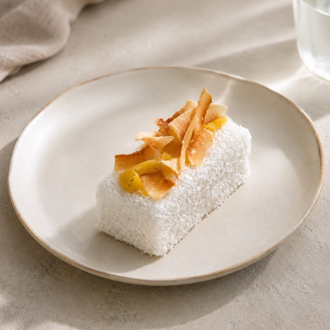 Coconut Tapioca Bites, Mango & Passionfruit Gel, Toasted Coconut